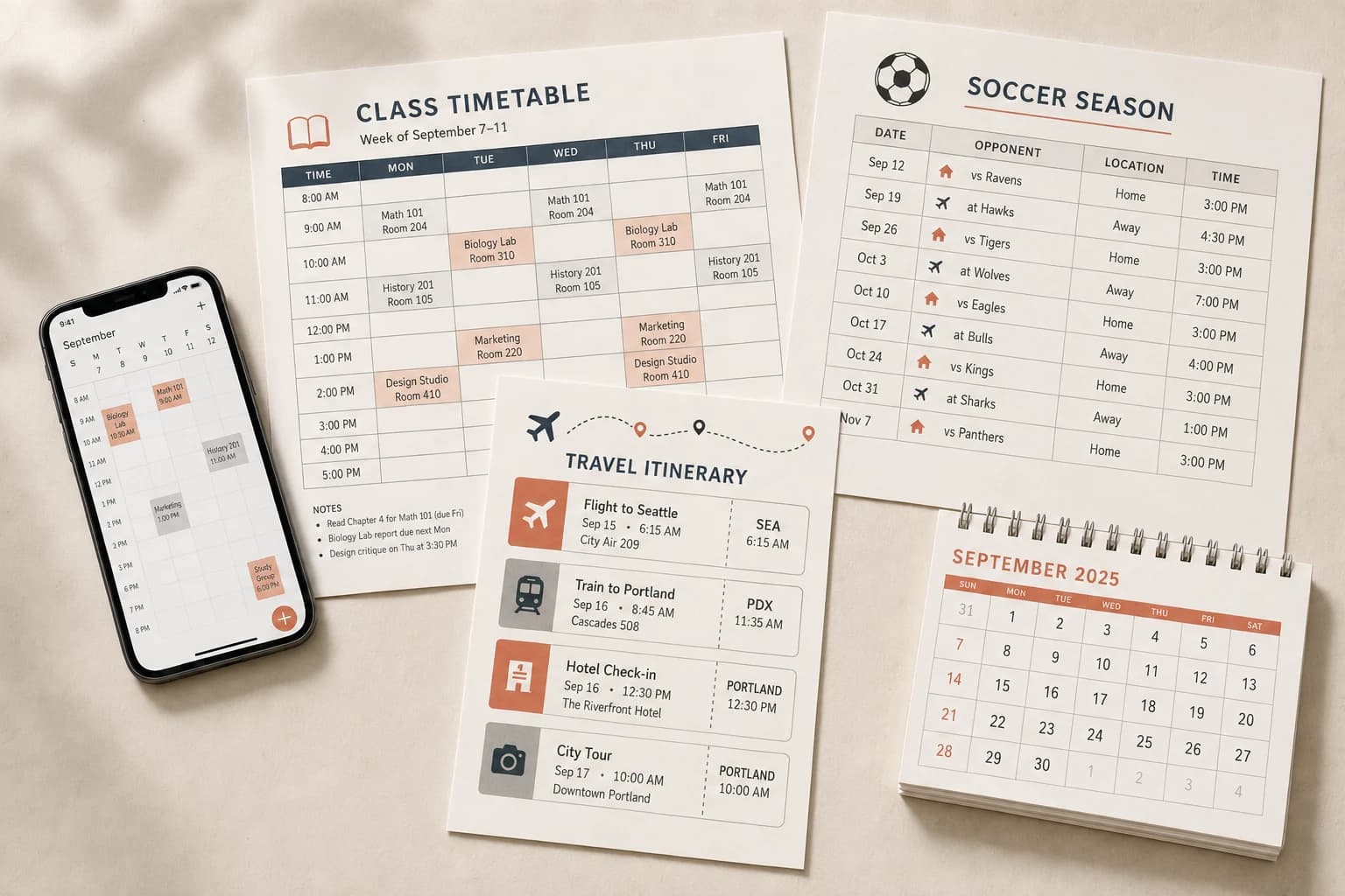 A phone schedule, school timetable, sports roster, travel itinerary, and paper calendar arranged on a desk